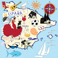 Vector illustration of the map of Spain, with icons and cities