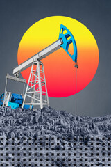 Funky collage with industrial oil rig. Art poster, template concept design or zine cover. Pump Jack.