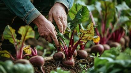 A person is gardening, pulling a beet from the ground. The beetroot is red and green, and the leaves are attached to the root. The person is wearing a denim shirt. - Powered by Adobe