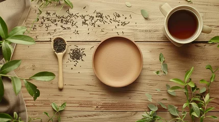 Fotobehang tea ceremony in a cup with a teapot on a wooden background © Vahagn