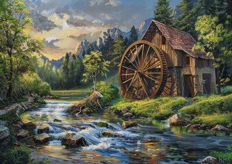 a water mill by a river - obrazy, fototapety, plakaty
