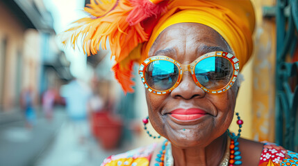 Fototapeta na wymiar A very happy elderly black woman on a bright street in a southern city, dressed in a bright colorful costume in the style of the 60s