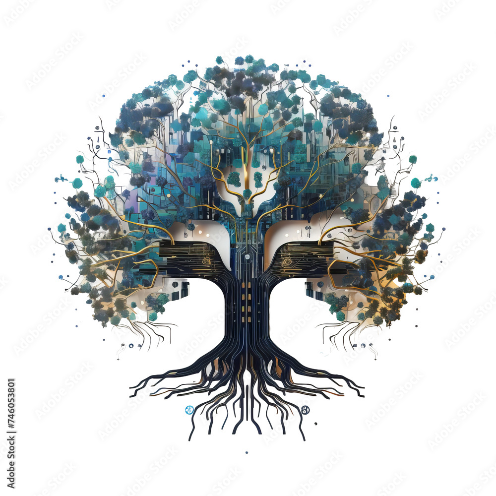 Poster tree made of electronic components and circuit boards, concept: connection between nature and techno