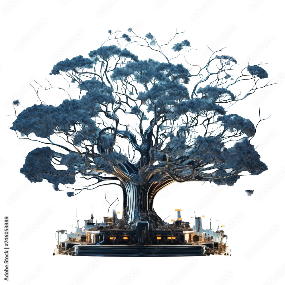Poster tree made of electronic components and circuit boards, concept: connection between nature and techno