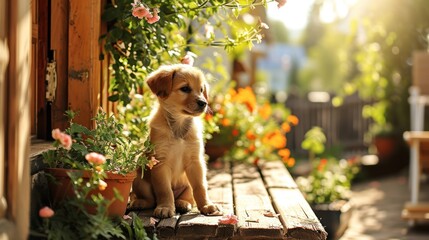 A puppy sits on a wooden porch surrounded by potted plants and flowers.
