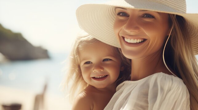 Mother and child enjoying beach day with blurred sunny background and copy space