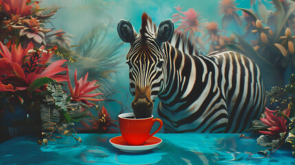 zebra drinking coffee