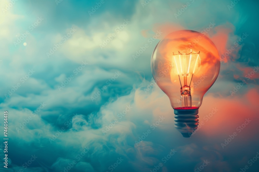Poster illuminated light bulb floating in clouds - a concept image showing a glowing light bulb amidst blue