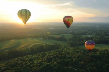 Hot air balloons drifting over a lush landscape - Warm light bathes the scene of vibrant hot air balloons floating gently over rolling green hills at sunset