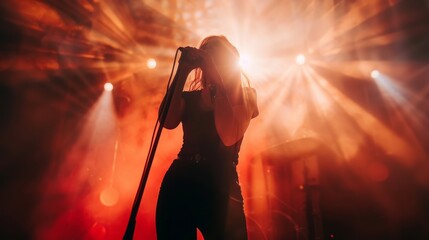 Beautiful female singer sings with microphone on stage in light spotlights on background