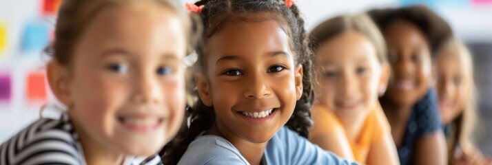 Row of diverse children smiling in classroom - Shallow depth of field captures a group of happy, multiracial children lined up in a classroom