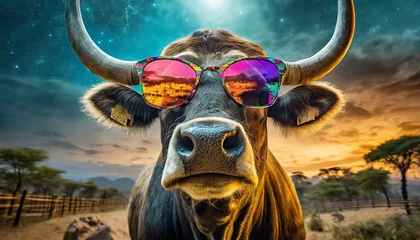 Foto op Canvas cow with colorful sunglasses, epic nature background © creativemariolorek