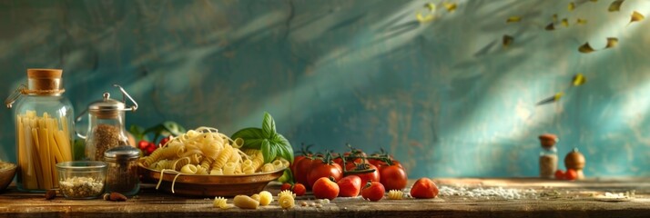 Rustic Italian pasta and ingredients setup - A bountiful rustic table filled with fresh pasta, tomatoes, and herbs against a teal backdrop, symbolizing homemade Italian cooking