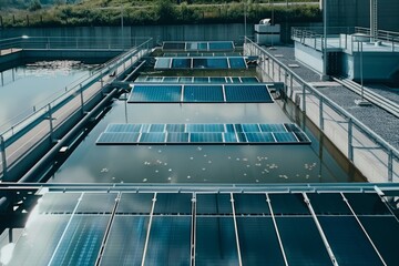 Solar panels at water treatment plant - Innovative solar panels aligned over water basins at a modern water treatment facility, highlighting sustainability and technology