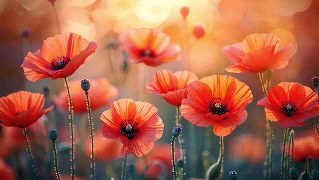 Poppy field at sunset in the spring. Red poppies in sunset light. Summer nature concept. Concept: nature, spring, biology, fauna, environment, ecosystem. Red beauty landscape 4k video colorful