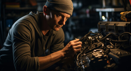 Fototapeta na wymiar An experienced mechanic repairs an engine in the garage, generative AI