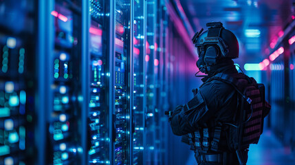 Server racks in a large secured room with an armed guard