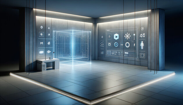 Minimalist Holodeck Room with Clean Digital Interface