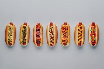 Delicious hot dogs with different toppings on grey table, flat lay. Space for text. Image for Cafe and Restaurant Menus
