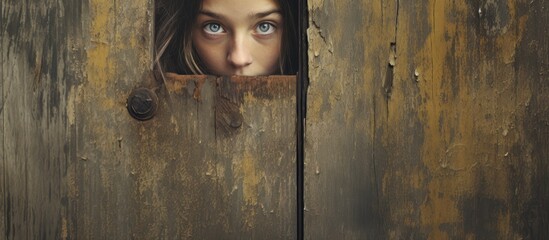 Curious Woman Glimpsing Through Weathered Wooden Door with Vintage Texture Overlay