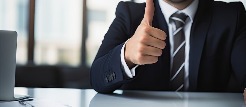 Confident Senior Businessman in Suit Giving Thumbs Up at Conference Table