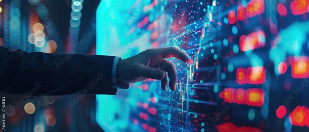 Poster business growth, progress or success concept or trader is showing a growing virtual hologram stock. 