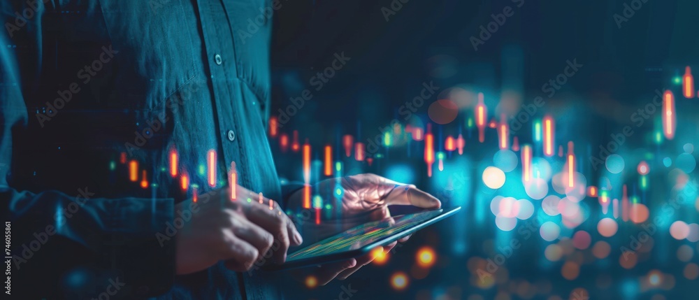 Poster Businessman point increase arrow graph corporate future growth or trader is showing a growing virtual hologram stock. Generative AI