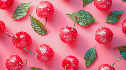 Bright glitter sparkling vibrant red cherries on pink background. Top view. Summer fresh wallpaper.
