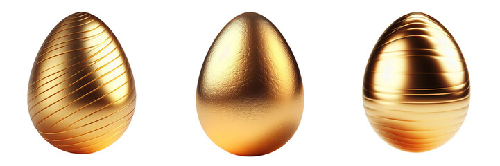 Set of gold painted eggs PNG. Realistic eggs on an isolated transparent background