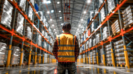Warehouse worker in a yellow special vest in a room with shelving.