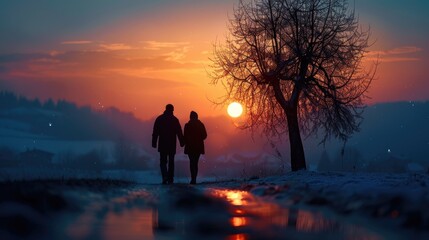 Two People Walking in the Snow at Sunset