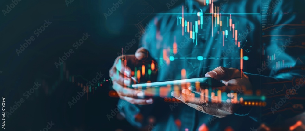 Poster Big data technology for business finance analytic concept Businessman working on digital tablet with modern graphics. Generative AI