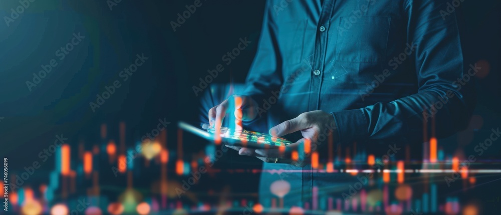 Poster Businessman hand show Stock chart showing rising stock sign with graph indicator. a growing virtual hologram stock. Generative AI