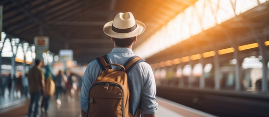 Young Asian Traveler with Backpack and Hat Anticipating Train Arrival at Vibrant Train Station - obrazy, fototapety, plakaty