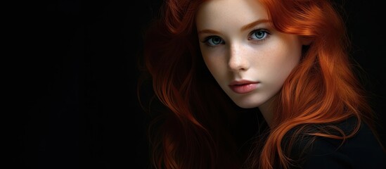 Fototapeta premium Fierce Red-Haired Woman Stuns with Intense Gaze and Striking Beauty in Elegant Black Dress