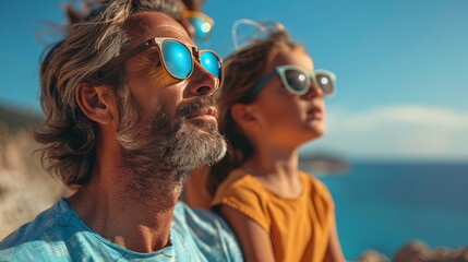 Father and Daughter Family in Sunglasses Looking at Sky Sun Eclipse Beach - obrazy, fototapety, plakaty