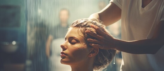 Fototapeta premium Relaxing Hair Wash Experience at the Salon: Woman Enjoys a Soothing and Rejuvenating Treatment