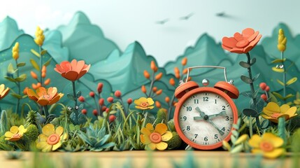 Alarm Clock on Table in Papercut Style with Floral and Mountain Range Background