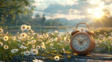 Alarm Clock on Wood Table with Wildflower Blooms and Pastoral Lake and Sunrise or Sunset Background over Mountain Range - obrazy, fototapety, plakaty