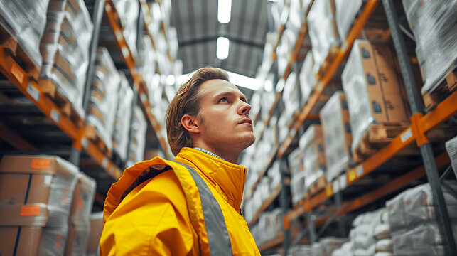 Warehouse worker in a yellow special vest in a room with shelving.