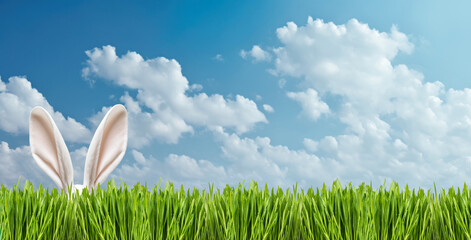Bunny ears in fresh green grass against cloudy blue sky - 746056205