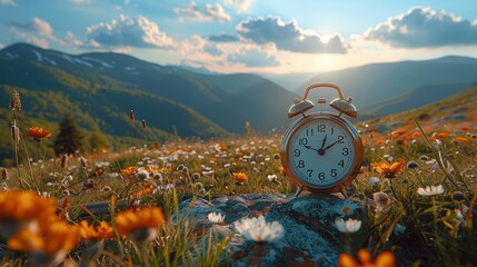 Alarm Clock among Flowers with Mountain Range - obrazy, fototapety, plakaty
