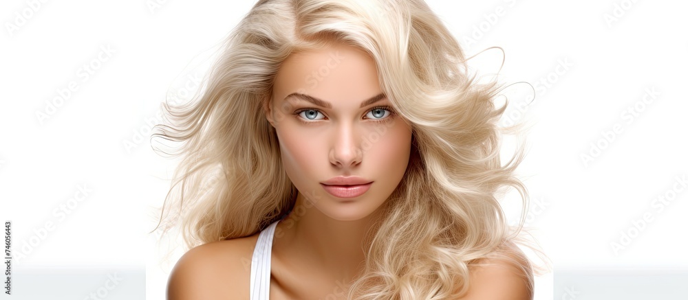 Sticker Radiant Beauty: Serene Young Woman Showcasing Her Elegant Long Blonde Hair on White Background