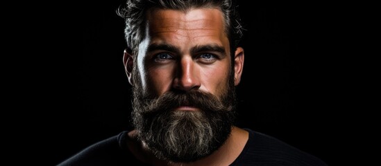 Intense and Mysterious: Portrait of a Bearded Man in a Black Shirt Against a Dark Background