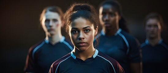 Diverse Group of Young Women Soccer Players in Uniforms on Field Ready for Game