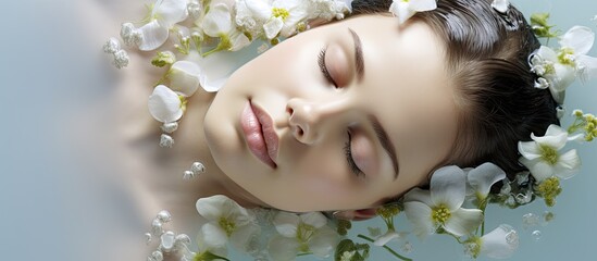 Serene Woman Relaxing with Eyes Closed Surrounded by Beautiful Natural Balsam Flowers in a Spa Setting - obrazy, fototapety, plakaty