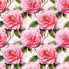 Watercolor Camellias Seamless Pattern, Aquarelle Camellias Pink Flowers, Creative Watercolor Bloom