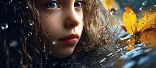 Innocent Gaze: Captivating Young Girl with Blue Eyes and Long Hair in Autumn