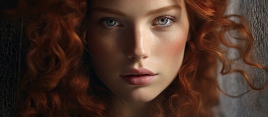 Fototapeta premium Captivating Beauty: Red-Haired Woman with Mesmerizing Blue Eyes and Radiant Smile