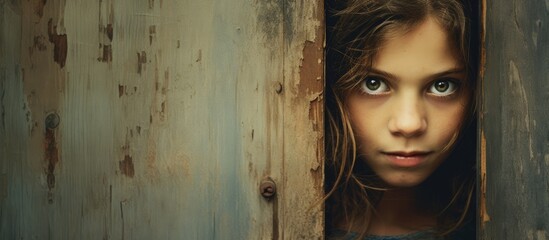 Curious Young Girl Peeking from Weathered Wall with Vintage Textured Overlay - Childhood Exploration Concept